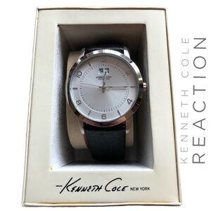 Kenneth Cole Reaction Stainless Steel/Silver Quartz Watch, Genuine Leather Strap